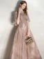 Chic / Beautiful Champagne See-through Evening Dresses  2020 A-Line / Princess Square Neckline Sleeveless Appliques Lace Glitter Tulle Floor-Length / Long Ruffle Beading Formal Dresses