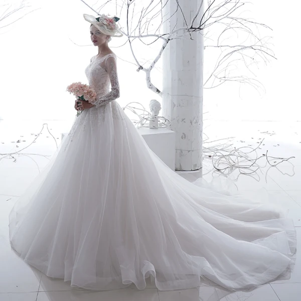 Hermoso Blanco Transparentes Vestidos De Novia 2020 A-Line / Princess Scoop Escote Manga Larga Sin Espalda Apliques Con Encaje Chapel Train Ruffle
