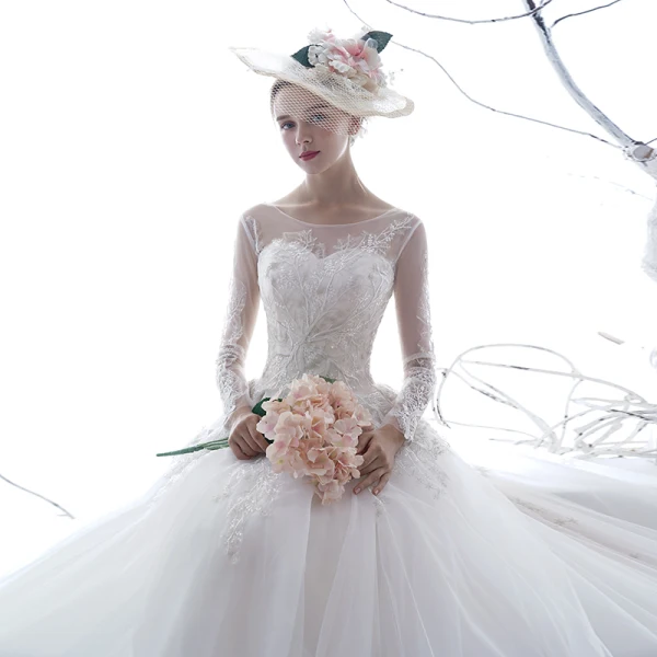 Hermoso Blanco Transparentes Vestidos De Novia 2020 A-Line / Princess Scoop Escote Manga Larga Sin Espalda Apliques Con Encaje Chapel Train Ruffle
