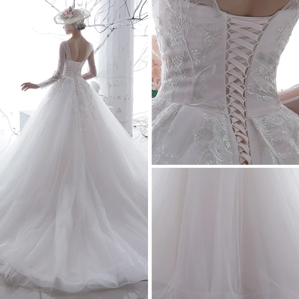 Hermoso Blanco Transparentes Vestidos De Novia 2020 A-Line / Princess Scoop Escote Manga Larga Sin Espalda Apliques Con Encaje Chapel Train Ruffle
