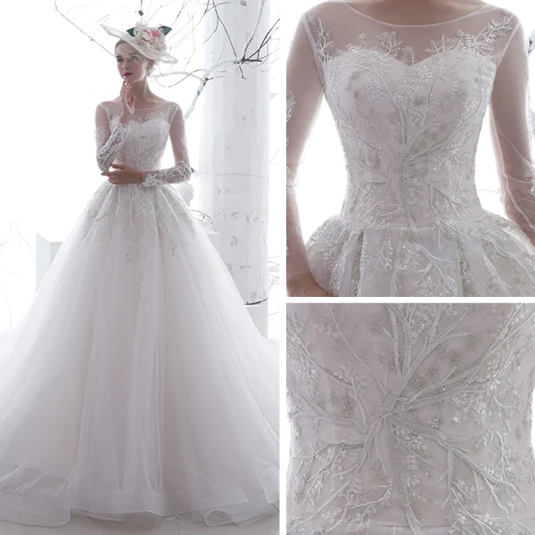Hermoso Blanco Transparentes Vestidos De Novia 2020 A-Line / Princess Scoop Escote Manga Larga Sin Espalda Apliques Con Encaje Chapel Train Ruffle