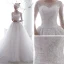 Hermoso Blanco Transparentes Vestidos De Novia 2020 A-Line / Princess Scoop Escote Manga Larga Sin Espalda Apliques Con Encaje Chapel Train Ruffle
