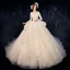 Charming Champagne See-through Wedding Dresses 2020 Ball Gown Scoop Neck Sleeveless Backless Pierced Appliques Lace Beading Glitter Tulle Cathedral Train Ruffle