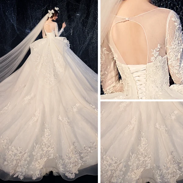 Charming Champagne See-through Wedding Dresses 2020 Ball Gown Scoop Neck Sleeveless Backless Pierced Appliques Lace Beading Glitter Tulle Cathedral Train Ruffle