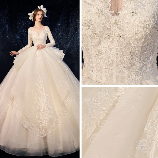 Charming Champagne See-through Wedding Dresses 2020 Ball Gown Scoop Neck Sleeveless Backless Pierced Appliques Lace Beading Glitter Tulle Cathedral Train Ruffle