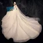 Chic / Beautiful Champagne Wedding Dresses 2020 Ball Gown Deep V-Neck Long Sleeve Backless Glitter Tulle Pierced Appliques Lace Beading Pearl Cathedral Train Ruffle
