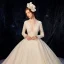Chic / Beautiful Champagne Wedding Dresses 2020 Ball Gown Deep V-Neck Long Sleeve Backless Glitter Tulle Pierced Appliques Lace Beading Pearl Cathedral Train Ruffle