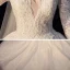 Chic / Beautiful Champagne Wedding Dresses 2020 Ball Gown Deep V-Neck Long Sleeve Backless Glitter Tulle Pierced Appliques Lace Beading Pearl Cathedral Train Ruffle