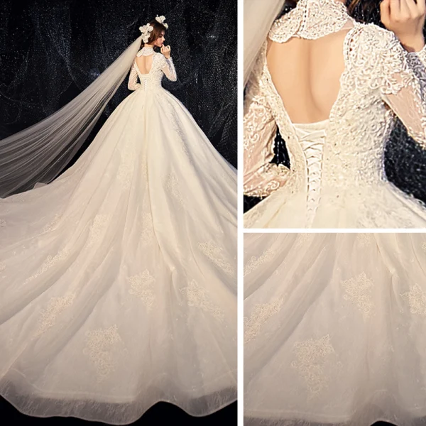 Chic / Beautiful Champagne Wedding Dresses 2020 Ball Gown Deep V-Neck Long Sleeve Backless Glitter Tulle Pierced Appliques Lace Beading Pearl Cathedral Train Ruffle
