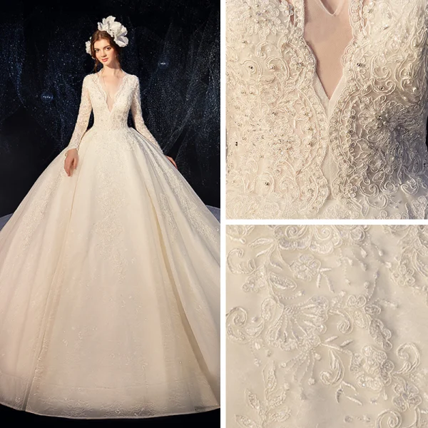 Chic / Beautiful Champagne Wedding Dresses 2020 Ball Gown Deep V-Neck Long Sleeve Backless Glitter Tulle Pierced Appliques Lace Beading Pearl Cathedral Train Ruffle
