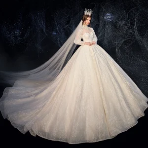Vintage Originale Style Victorien Champagne Transparentes Robe De Mariée 2020 Robe Boule Col Haut Gonflée Manches Longues Dos Nu Glitter Tulle Appliques En Dentelle Perlage Perle Cathedral Train Volants