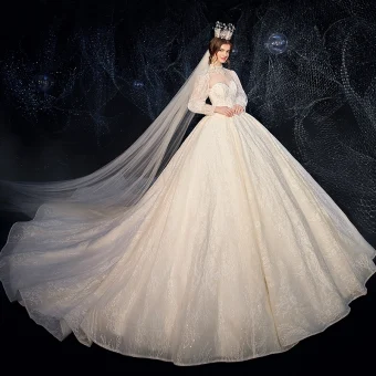 Vintage Originale Style Victorien Champagne Transparentes Robe De Mariée 2020 Robe Boule Col Haut Gonflée Manches Longues Dos Nu Glitter Tulle Appliques En Dentelle Perlage Perle Cathedral Train Volants