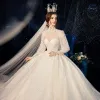 Vintage / Retro Victorian Style Champagne See-through Wedding Dresses 2020 Ball Gown High Neck Puffy Long Sleeve Backless Glitter Tulle Appliques Lace Beading Pearl Cathedral Train Ruffle