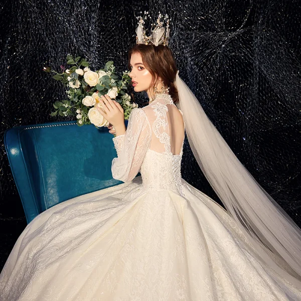 Vintage / Retro Victorian Style Champagne See-through Wedding Dresses 2020 Ball Gown High Neck Puffy Long Sleeve Backless Glitter Tulle Appliques Lace Beading Pearl Cathedral Train Ruffle