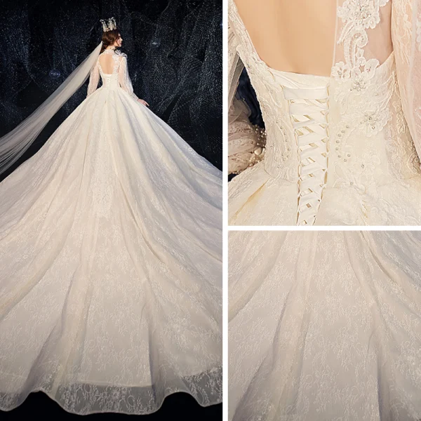 Vintage / Retro Victorian Style Champagne See-through Wedding Dresses 2020 Ball Gown High Neck Puffy Long Sleeve Backless Glitter Tulle Appliques Lace Beading Pearl Cathedral Train Ruffle
