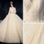 Vintage / Retro Victorian Style Champagne See-through Wedding Dresses 2020 Ball Gown High Neck Puffy Long Sleeve Backless Glitter Tulle Appliques Lace Beading Pearl Cathedral Train Ruffle