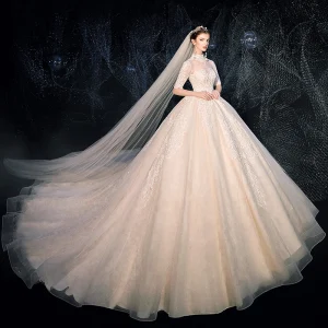 Vintage Retro Ivory See Through Wedding Dresses 2020 Ball Gown High Neck 1 2 Sleeves Backless Appliques Lace Beading Cathedral Train Ruffle