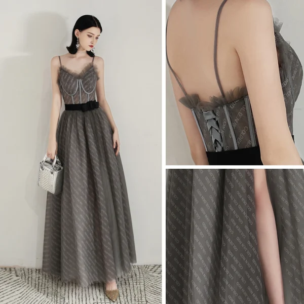 Chic / Belle Gris Robe De Soirée 2020 Princesse Bretelles Spaghetti Sans Manches Noeud Ceinture Fendue devant Longue Volants Dos Nu Robe De Ceremonie