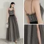 Chic / Belle Gris Robe De Soirée 2020 Princesse Bretelles Spaghetti Sans Manches Noeud Ceinture Fendue devant Longue Volants Dos Nu Robe De Ceremonie