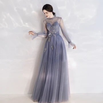Elegante Oceaan Blauw Doorzichtige Avondjurken 2020 A Lijn Hoge Kraag Gezwollen Lange Mouwen Glans Tule Appliques Bloem Pailletten Lange Ruche