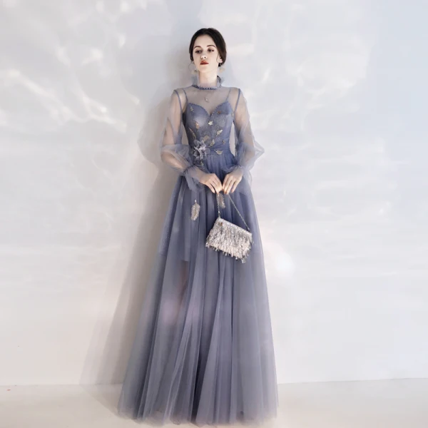 Elegant Ocean Blue See-through Evening Dresses  2020 A-Line / Princess High Neck Puffy Long Sleeve Glitter Tulle Appliques Flower Sequins Floor-Length / Long Ruffle