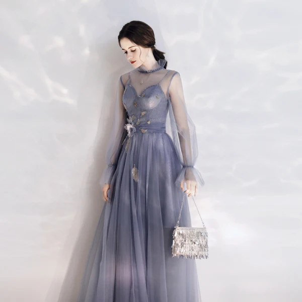 Elegant Ocean Blue See-through Evening Dresses  2020 A-Line / Princess High Neck Puffy Long Sleeve Glitter Tulle Appliques Flower Sequins Floor-Length / Long Ruffle