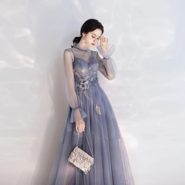 Elegant Ocean Blue See-through Evening Dresses  2020 A-Line / Princess High Neck Puffy Long Sleeve Glitter Tulle Appliques Flower Sequins Floor-Length / Long Ruffle