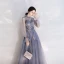 Elegant Ocean Blue See-through Evening Dresses  2020 A-Line / Princess High Neck Puffy Long Sleeve Glitter Tulle Appliques Flower Sequins Floor-Length / Long Ruffle