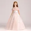 Chic / Beautiful Pearl Pink Flower Girl Dresses 2017 Ball Gown Square Neckline Strapless Short Sleeve Appliques Flower Floor-Length / Long Ruffle Wedding Party Dresses