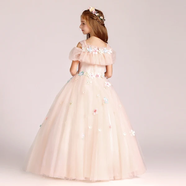Chic / Beautiful Pearl Pink Flower Girl Dresses 2017 Ball Gown Square Neckline Strapless Short Sleeve Appliques Flower Floor-Length / Long Ruffle Wedding Party Dresses