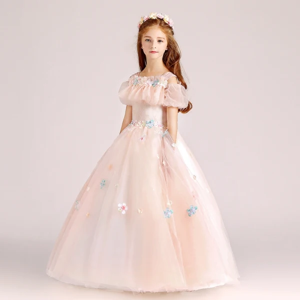 Chic / Beautiful Pearl Pink Flower Girl Dresses 2017 Ball Gown Square Neckline Strapless Short Sleeve Appliques Flower Floor-Length / Long Ruffle Wedding Party Dresses