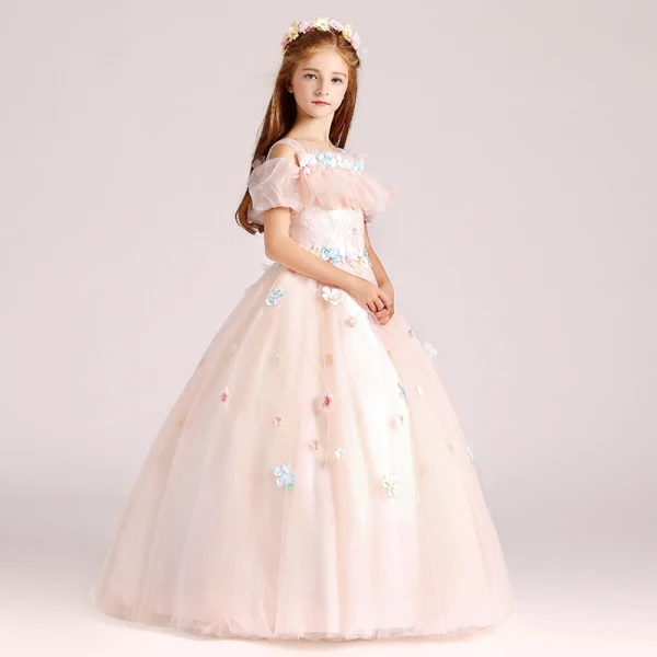 Chic / Beautiful Pearl Pink Flower Girl Dresses 2017 Ball Gown Square Neckline Strapless Short Sleeve Appliques Flower Floor-Length / Long Ruffle Wedding Party Dresses