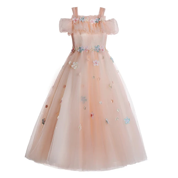 Chic / Beautiful Pearl Pink Flower Girl Dresses 2017 Ball Gown Square Neckline Strapless Short Sleeve Appliques Flower Floor-Length / Long Ruffle Wedding Party Dresses