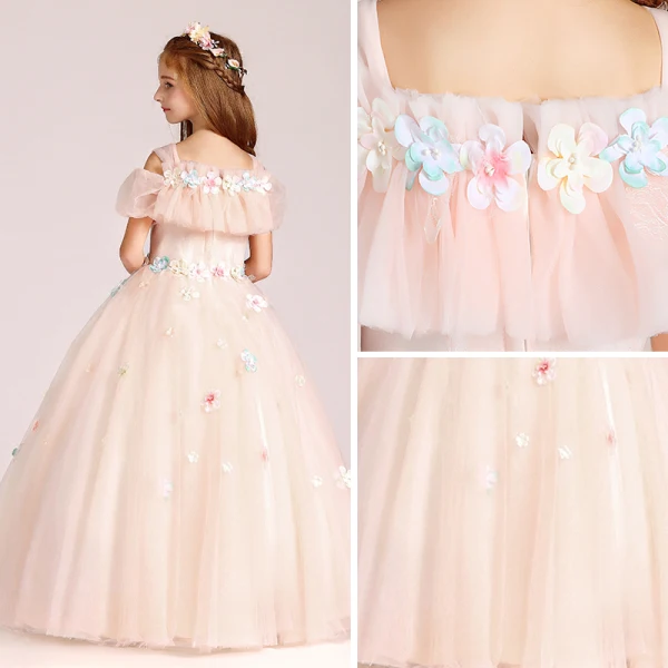Chic / Beautiful Pearl Pink Flower Girl Dresses 2017 Ball Gown Square Neckline Strapless Short Sleeve Appliques Flower Floor-Length / Long Ruffle Wedding Party Dresses