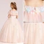 Chic / Beautiful Pearl Pink Flower Girl Dresses 2017 Ball Gown Square Neckline Strapless Short Sleeve Appliques Flower Floor-Length / Long Ruffle Wedding Party Dresses