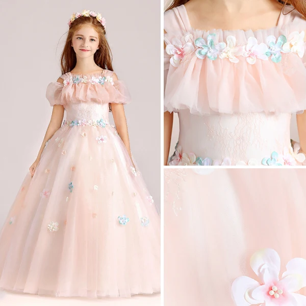 Chic / Beautiful Pearl Pink Flower Girl Dresses 2017 Ball Gown Square Neckline Strapless Short Sleeve Appliques Flower Floor-Length / Long Ruffle Wedding Party Dresses
