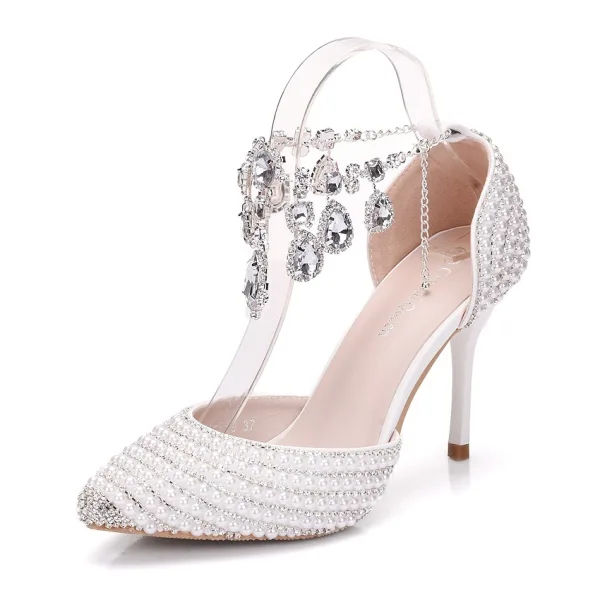 Charmant Weiß Strass Perle Knöchelriemen Brautschuhe 2025 9 cm Stilettos Spitzschuh Hochzeit Hochhackige