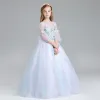 Chic / Beautiful Sky Blue Flower Girl Dresses 2017 Ball Gown Scoop Neck 3/4 Sleeve Appliques Butterfly Floor-Length / Long Ruffle Pierced Wedding Party Dresses