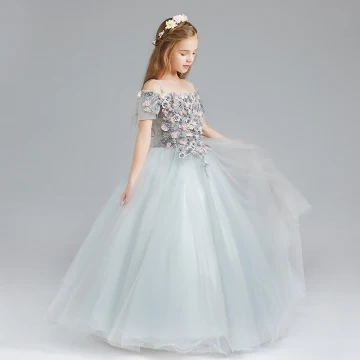 Chic Belle Gris Robe Ceremonie Fille 2017 Robe Boule De L 039 Épaule Manches Courtes Appliques Fleur Longue Volants Robe Pour Mariage