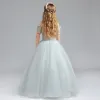 Chic / Beautiful Grey Flower Girl Dresses 2017 Ball Gown Off-The-Shoulder Short Sleeve Appliques Flower Floor-Length / Long Ruffle Wedding Party Dresses
