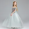 Chic / Beautiful Grey Flower Girl Dresses 2017 Ball Gown Off-The-Shoulder Short Sleeve Appliques Flower Floor-Length / Long Ruffle Wedding Party Dresses