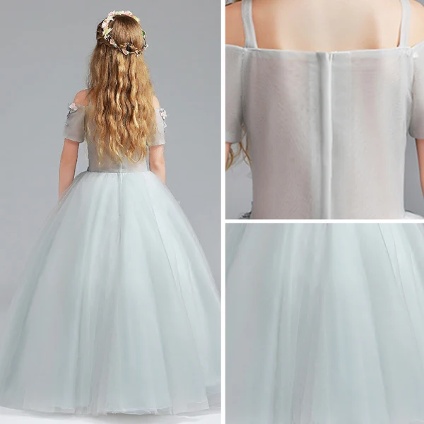 Chic / Beautiful Grey Flower Girl Dresses 2017 Ball Gown Off-The-Shoulder Short Sleeve Appliques Flower Floor-Length / Long Ruffle Wedding Party Dresses