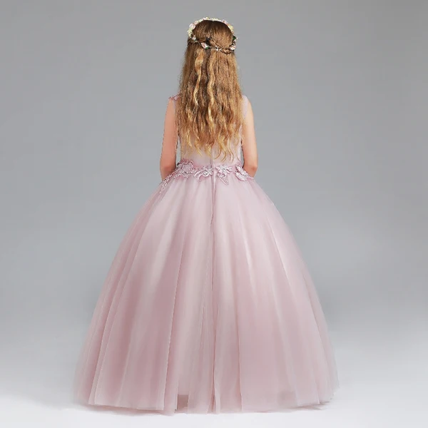 Schöne Rosa Mädchenkleider 2017 Ballkleid Rundhalsausschnitt Ärmellos Applikationen Blumen Lange Rüschen Kleider Für Hochzeit