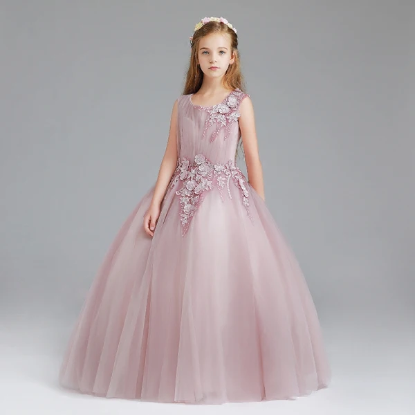 Schöne Rosa Mädchenkleider 2017 Ballkleid Rundhalsausschnitt Ärmellos Applikationen Blumen Lange Rüschen Kleider Für Hochzeit