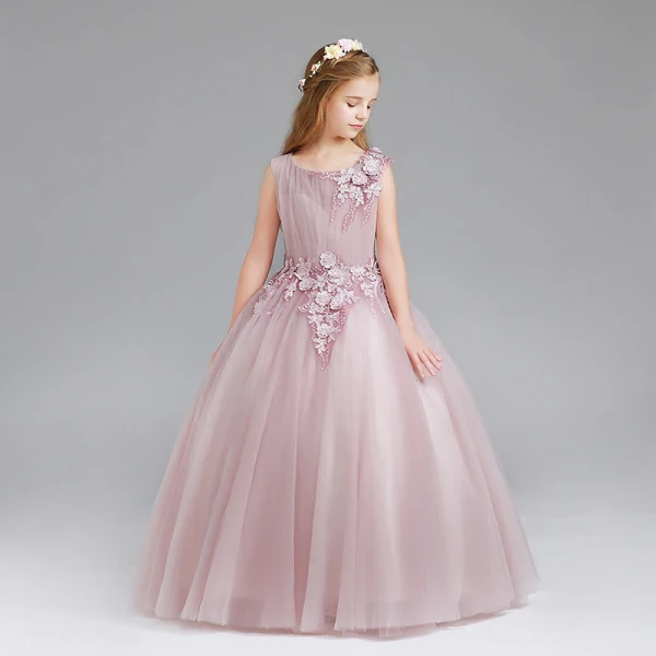 Schöne Rosa Mädchenkleider 2017 Ballkleid Rundhalsausschnitt Ärmellos Applikationen Blumen Lange Rüschen Kleider Für Hochzeit