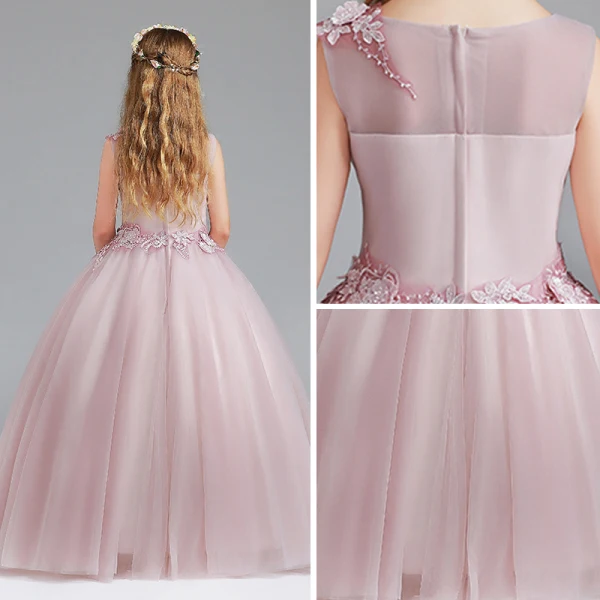 Schöne Rosa Mädchenkleider 2017 Ballkleid Rundhalsausschnitt Ärmellos Applikationen Blumen Lange Rüschen Kleider Für Hochzeit