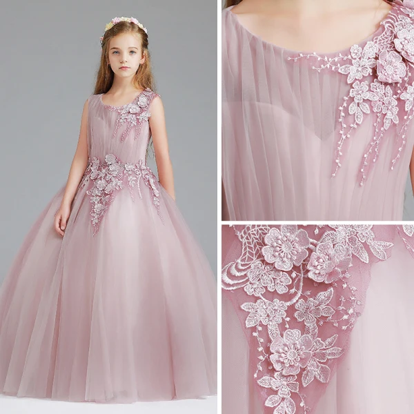 Schöne Rosa Mädchenkleider 2017 Ballkleid Rundhalsausschnitt Ärmellos Applikationen Blumen Lange Rüschen Kleider Für Hochzeit