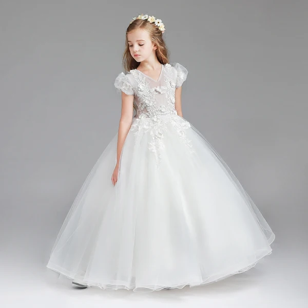 Chic / Beautiful White Flower Girl Dresses 2017 Ball Gown V-Neck Short Sleeve Appliques Flower Floor-Length / Long Wedding Party Dresses