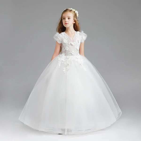 Chic / Beautiful White Flower Girl Dresses 2017 Ball Gown V-Neck Short Sleeve Appliques Flower Floor-Length / Long Wedding Party Dresses