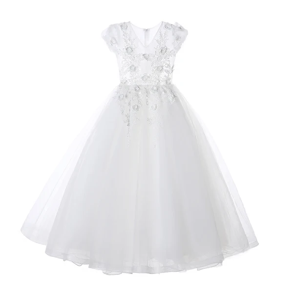 Chic / Beautiful White Flower Girl Dresses 2017 Ball Gown V-Neck Short Sleeve Appliques Flower Floor-Length / Long Wedding Party Dresses